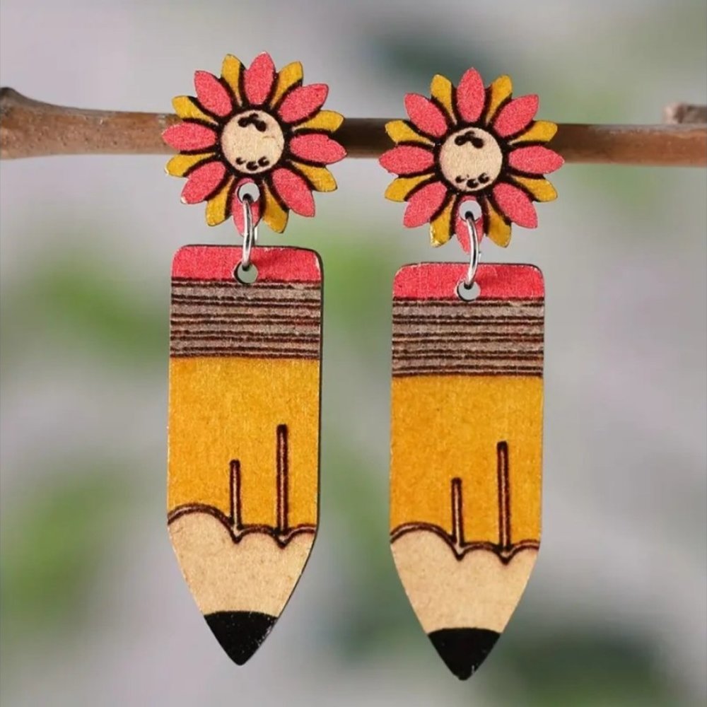 Wooden Drop Earrings with Pencil & Sunflower Shape Dangles